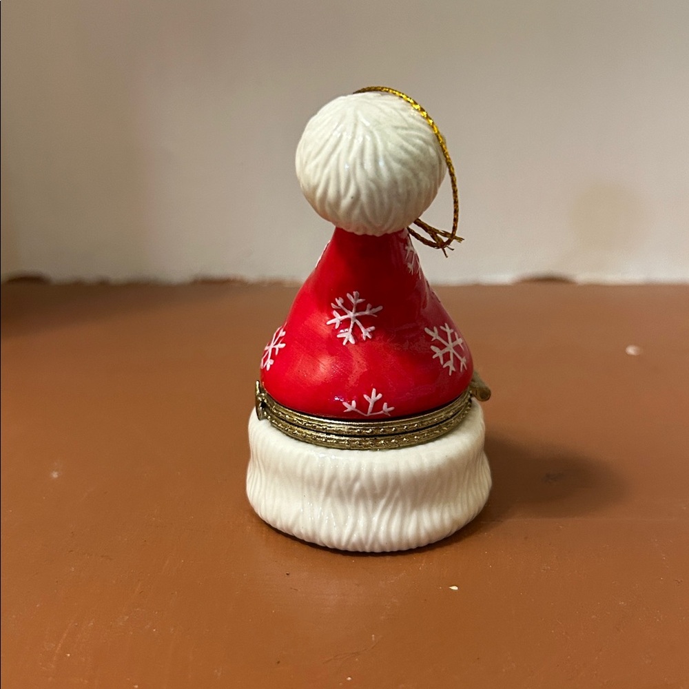 Red & White Santa Hat with Snowflakes Hinged Trinket Box Ornament -Porcelain - Picture 3 of 13